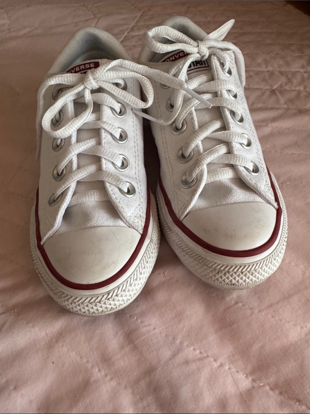 Converse White Low Top Sneakers with Red and Blue Stripe